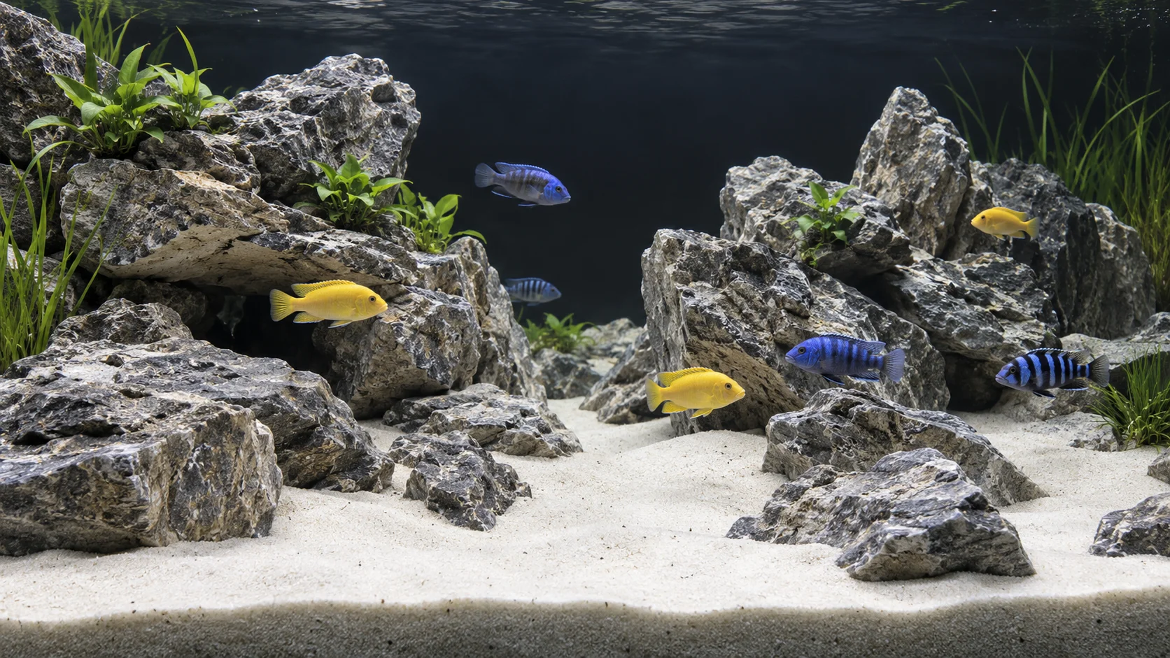 Malawimeer-geïnspireerd zoetwateraquarium met rotsen en cichliden