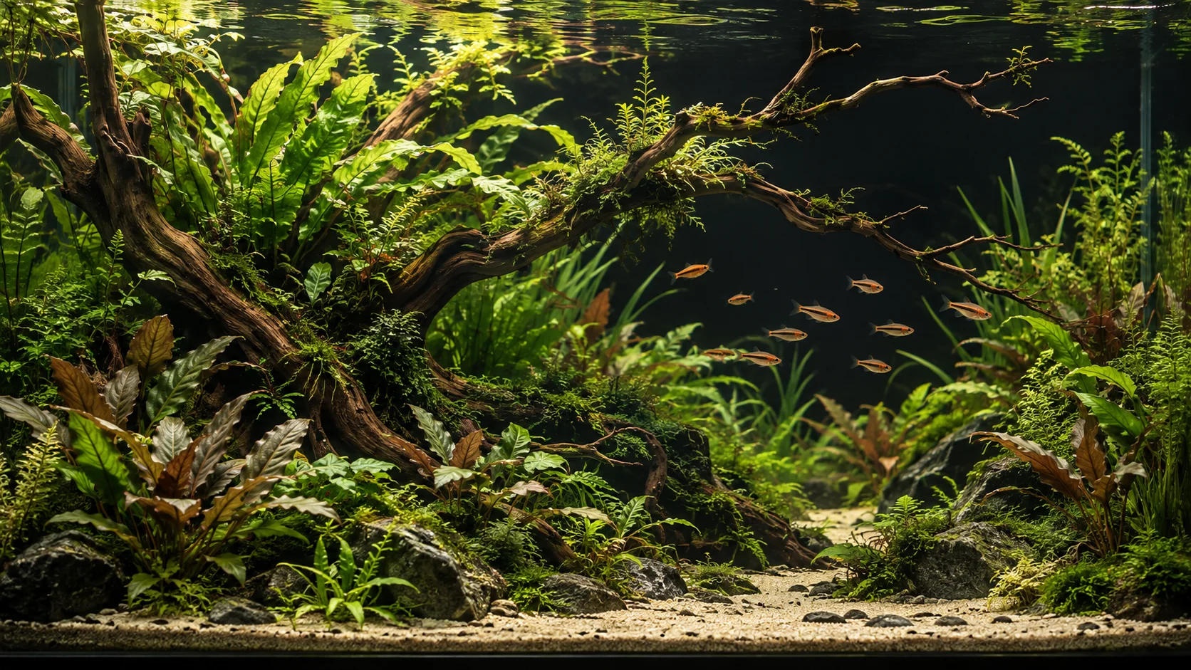 Sfeerbeeld van een weelderig beplant zoetwateraquarium