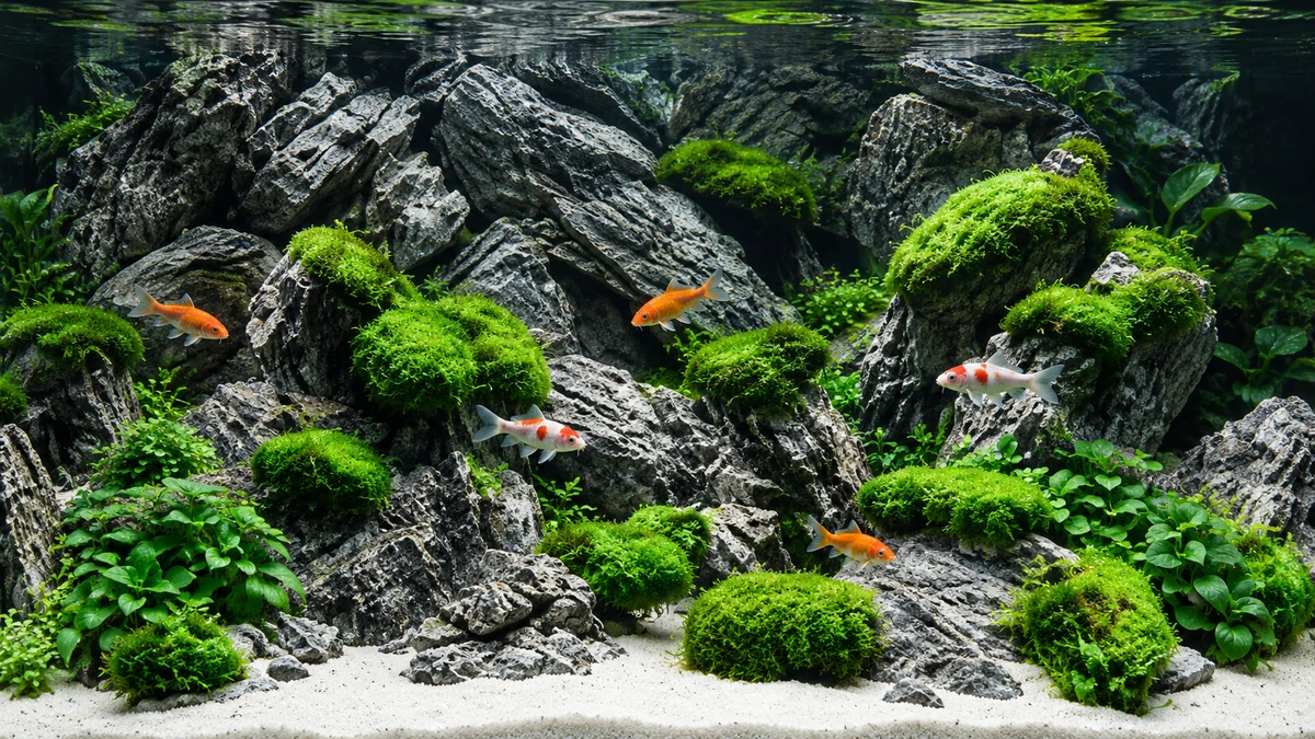 Natuurlijk koudwateraquarium met kleine koi-karpers, grijze rotsen en groene planten