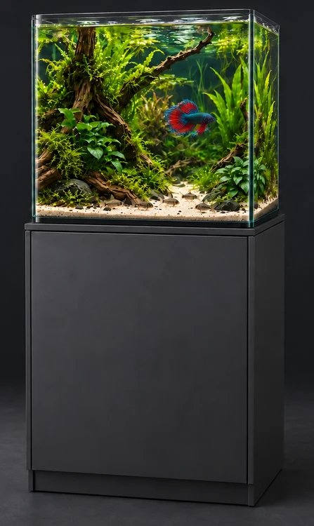 Nano Cube van 60 liter met groene aquascape, één Betta splendens-man en passende antraciete onderkast