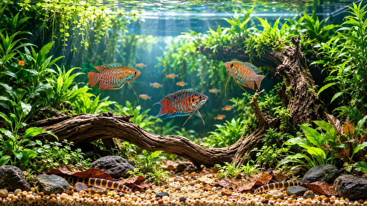 Kleurrijk natuurlijk aquarium met rood-blauwe gouramis, kuhli-loaches, planten en wortelhout