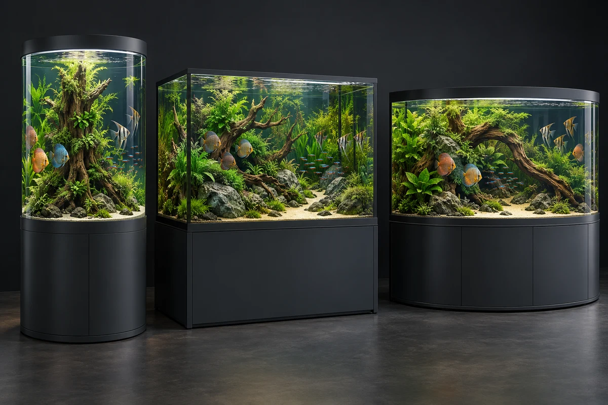 Sfeerimpressie van grote aquascaped maatwerkaquaria: hoog rond, vierkant en halfrond